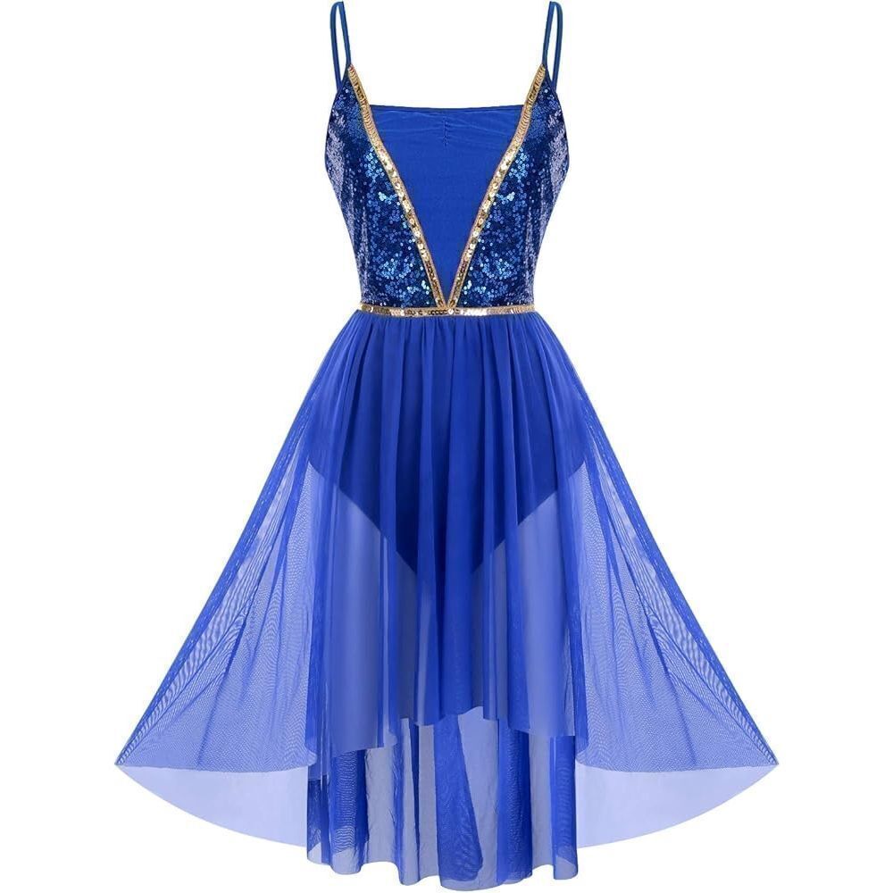 Shiny Sequin Spaghetti Strap blue XS High Low Mesh Tulle Dance Dress Modern Cont